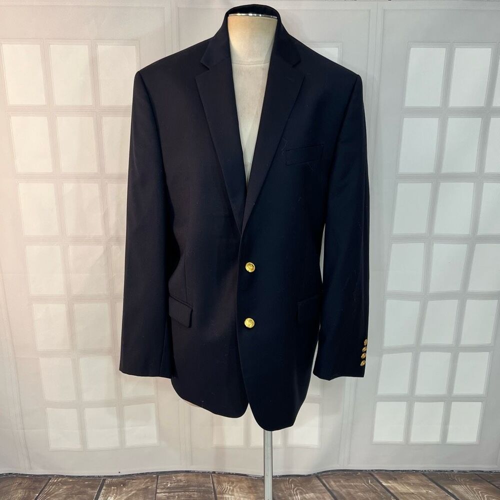 Lauren Ralph Lauren Navy Natural Stretch 100% Wool Two Button Blazer Size 44